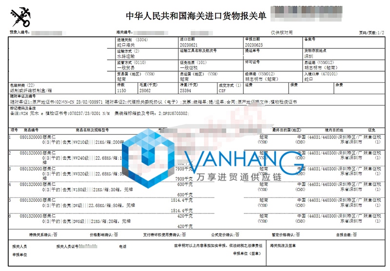 深圳進口越南腰果仁報關(guān)資料